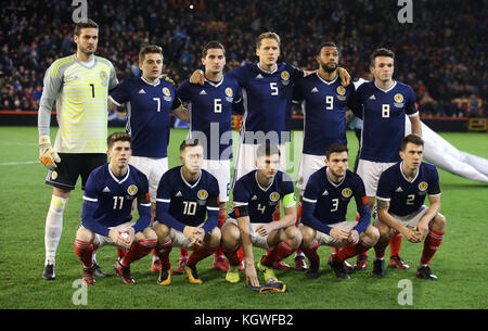 Scotland team group (top row, from left to right) goalkeeper Craig Gordon, James Forrest, Kenny McLean, Christophe Berra, Matt Phillips and John McGinn (bottom row, from left to right) Ryan Christie, Callum McGregor, Kieran Tierney, Andrew Robertson and Ryan Jack during the International Friendly match at Pittodrie, Aberdeen. PRESS ASSOCIATION Photo. Picture date: Thursday November 9, 2017. See PA story SOCCER Scotland. Photo credit should read: Andrew Milligan/PA Wire. RESTRICTIONS: Use subject to Scottish FA restrictions. . Commercial use only with prior written consent of the Scottish FA. Stock Photo