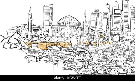 Modern and old Istanbul panorama drawing. Hand drawn historic landmark. Famous travel destination. Vector art sketch. Stock Vector