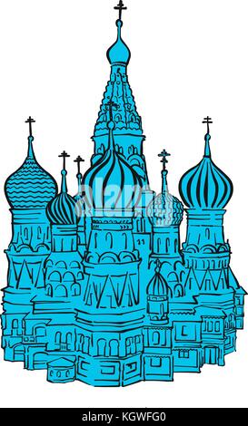 Moscow Kremlin illustration with colored backplate. Hand drawn historic landmark. Famous travel destination. Vector art sketch. Stock Vector