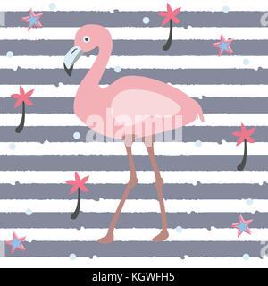 Cute Pink Flamingo with Palms and Stars on a Blue Background with Stripes. Summer Collection. Vector Illustration. Stock Vector