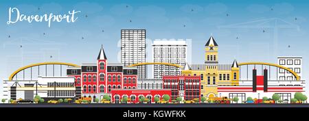 Davenport Iowa Skyline with Color Buildings and Blue Sky. Vector Illustration. Business Travel and Tourism Illustration with Historic Architecture. Stock Vector