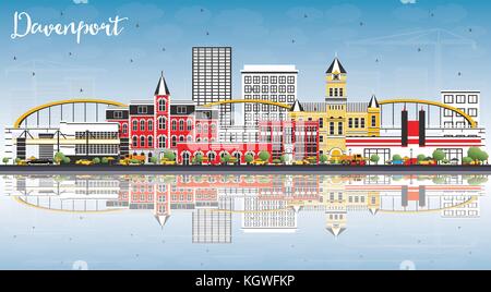 Davenport Iowa Skyline with Color Buildings, Blue Sky and Reflections. Vector Illustration. Business Travel and Tourism Illustration Stock Vector