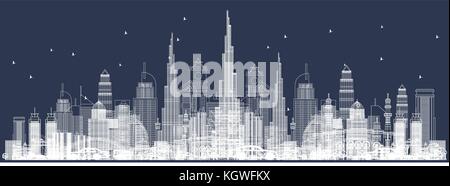 Outline Dubai Skyline with City Skyscrapers. Front View Through Buildings. Vector Illustration. Business Travel and Tourism Concept with Modern Archit Stock Vector