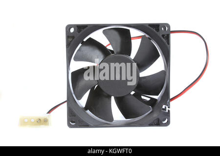 An old CPU cooling fan, isolated on white studio background. Stock Photo