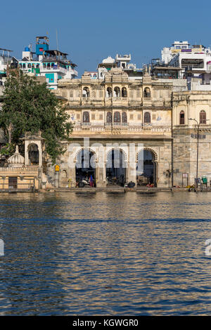 Gangaur Ghat from Lake Pichola in the evening light, Udaipur, Rajasthan, India Stock Photo