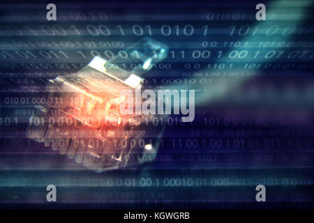 connect to internet, computer cable on binary numbers background. Stock Photo