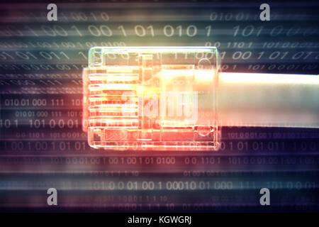 connect to internet, computer cable on binary numbers background. Stock Photo
