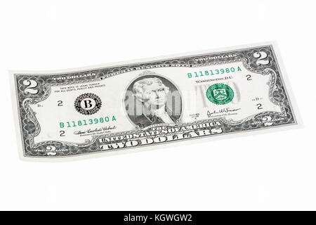 United States two-dollar bill made an angle end stacked. Stock Photo