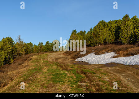 Scenic view on dirt road up the mountain, forest and snow at the side of the road on a sunny summer day Stock Photo