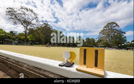 A number eleven lane marker for a lawn bowling green at Gordon Bowling Club in Sydney Australia just prior to the club closing down in December 2017 Stock Photo