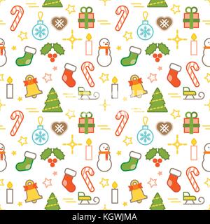 Seamless illustrated Christmas themed line style vector pattern with snowman, Christmas trees, bells, presents, candles and other Christmas objects Stock Vector