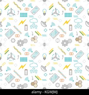 Seamless illustrated technology and science themed line style vector pattern with gears, cells, chips, computers, bulbs and other objects Stock Vector