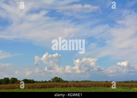 A mixture of different cloud types including cumulus and cirrus near the north east Italian town of Cividale del Friuli in late summer. Stock Photo