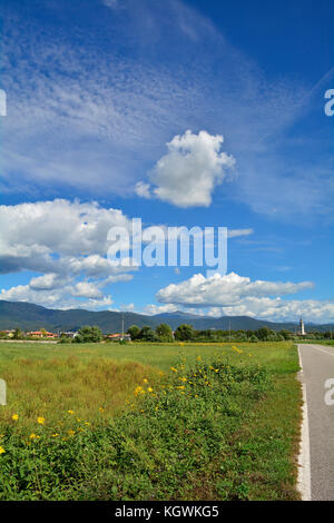 A mixture of different cloud types including cumulus and cirrus near the north east Italian village of Moimacco in late summer. Stock Photo