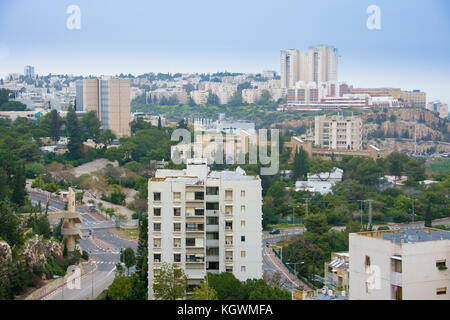 Bird eye view of the Haifa Technion - Israel Institute of Technology, the Carmel mountains. and the Haifa Bay from Nesher Stock Photo