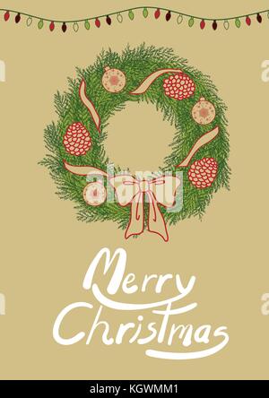 Poster design for Christmas in simple flat style with blank space for text. Green wreath decorated with pine cone, ribbon and ornaments. Stock Vector