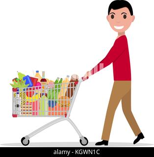 Vector man with shopping trolley full groceries Stock Vector