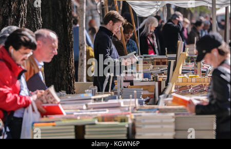 shoppers browsing at the outdoor Book Market, Used and new books at Cuesta De Moyano, Madrid, Spain, Europe Stock Photo