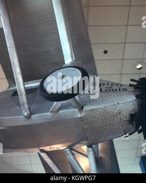 View from below of the Spirit of St. Louis airplane replica hanging inside the Missouri Pavilion exhibit at the New York World's Fair, in Flushing Meadows-Corona, Queens, New York City, May, 1965. Stock Photo