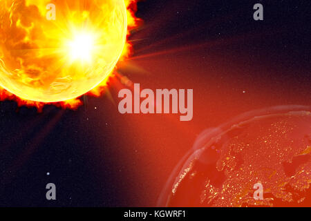 Computer illustration showing a solar flare hitting Earth. Elements of this image furnished by NASA. Stock Photo