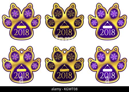 New Year Sticker of Dog Paw. Set of Stickers and Hanging Toy of Violet Dog Paw with Illustration of Snowflakes, Santa Claus Hat and Inscription 2018. 