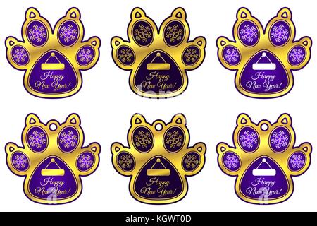 New Year Hanging Toy of Dog Paw. Set of Stickers and Hanging Toy of Violet Dog Paw with Illustration of Snowflakes, Santa Claus Hat and Inscription Ha Stock Vector