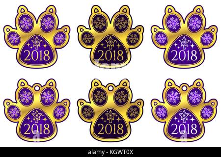 New Year Dog Paw 2018. Set of Stickers and Hanging Toy of Violet Dog Paw with Illustration of Snowflakes, Toy Star of Christmas tree, Glares and Inscr Stock Vector