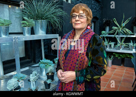 Gardening writer Anne Wareham in her conservatory, at her home in Devauden, Monmouthsire. Stock Photo