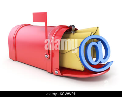 Red mailbox, two yellow envelope and blue AT sign 3D render illustration isolated on white background Stock Photo