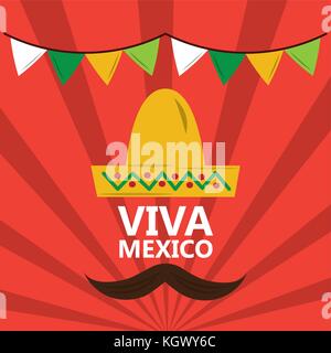 viva mexico hat mustache pennant red background Stock Vector