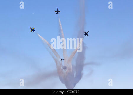 The Blue Angels diamond executes a Barrel Roll Break maneuver during the 2017San Francisco Fleet Week airshow. Stock Photo