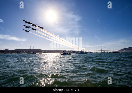 Six ship Blue Angel Delta Formation in flight over San Francisco Bay Stock Photo