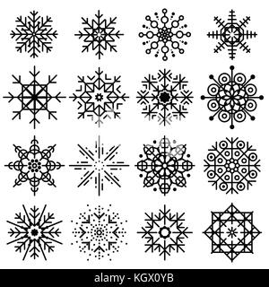 Black snowflakes big set of different variations on white background. Thin linear snow collection. New year snow decoratins. Winter style Stock Vector