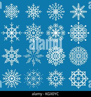 White snowflakes big set of different variations on blue background. Thin linear snow collection. New year snow decoratins. Winter style Stock Vector