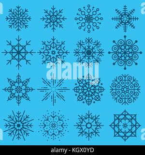 White snowflakes big set of different variations on azure background. Thin linear snow collection. New year snow decoratins. Winter style Stock Vector