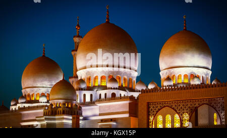 The imposing Sheikh Zayed Grand Mosque in Abu Dhabi at night Stock Photo