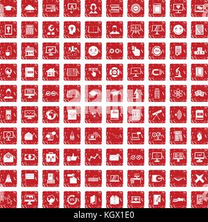 100 e-learning icons set grunge red Stock Vector