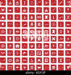 100 archeology icons set grunge red Stock Vector