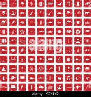 100 exotic animals icons set grunge red Stock Vector