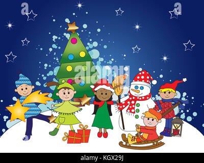 christmas scene with happy children and christmas tree Stock Photo