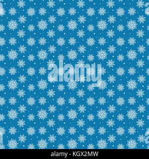 Seamless pattern of many white snowflakes on blue background. Christmas winter theme for gift wrapping. New Year seamless background for website Stock Vector