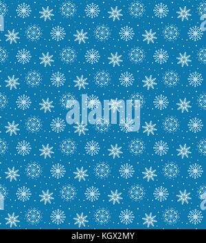 Seamless pattern of many white snowflakes on blue background. Christmas winter theme for gift wrapping. New Year seamless background for website Stock Vector