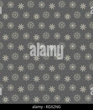 Elegant seamless pattern of many gold and purple snowflakes on dark grey background. Christmas winter theme for gift wrapping. New Year seamless backg Stock Vector