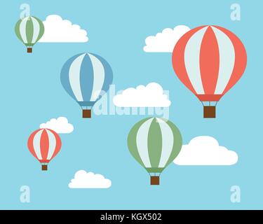 Flat design illustration of colorful flying hot air balloons on blue sky with white clouds - vector Stock Vector