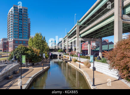 Canal Walk along Richmond City Canal with Expressway overpass to the right, Richmond, Virginia, USA. Stock Photo