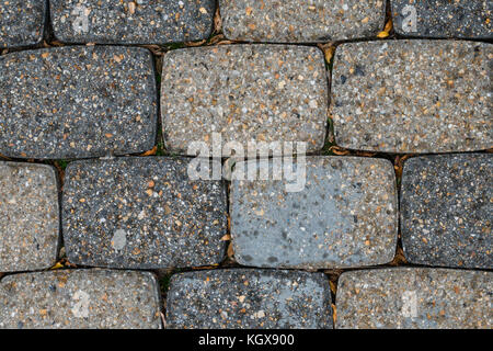 Grey speckled concrete bricks layed on ground path in symmetric pattern with dried wilted leaves in cracks Stock Photo