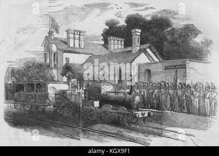 Arrival of Her Majesty at the Castle Howard railway station. Yorkshire 1850. The Illustrated London News Stock Photo