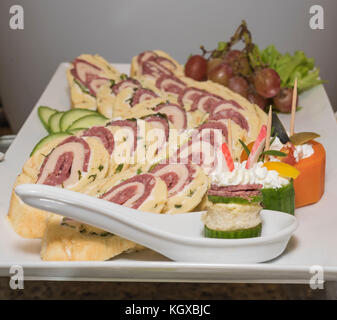 Selection display of a la carte cold meat salad food at a luxury restaurant buffet bar area Stock Photo