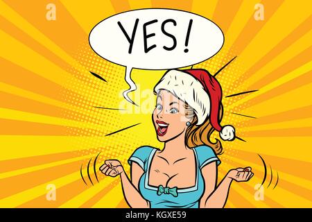 Yes joyful Santa woman. Comic book cartoon pop art retro vector illustration drawing Stock Vector