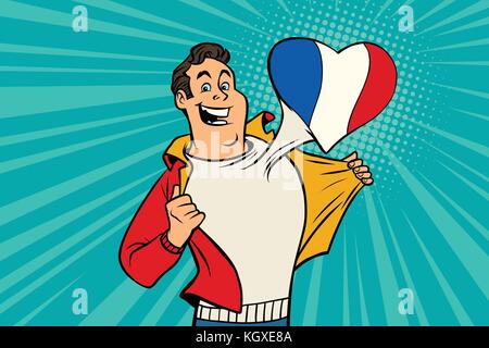 sports fan loves France. Heart with flag of the country. Comic cartoon style pop art illustration vector retro Stock Vector